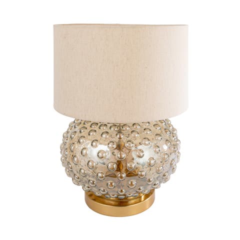 Glass Hobnail Table Lamp with Brass Finish Base, Cotton Shade and Inline Switch, Metallic Finish and Smoke Color