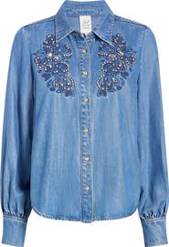 Cinq à Sept Rhinestone Embeliished Denim Button-Up Shirt