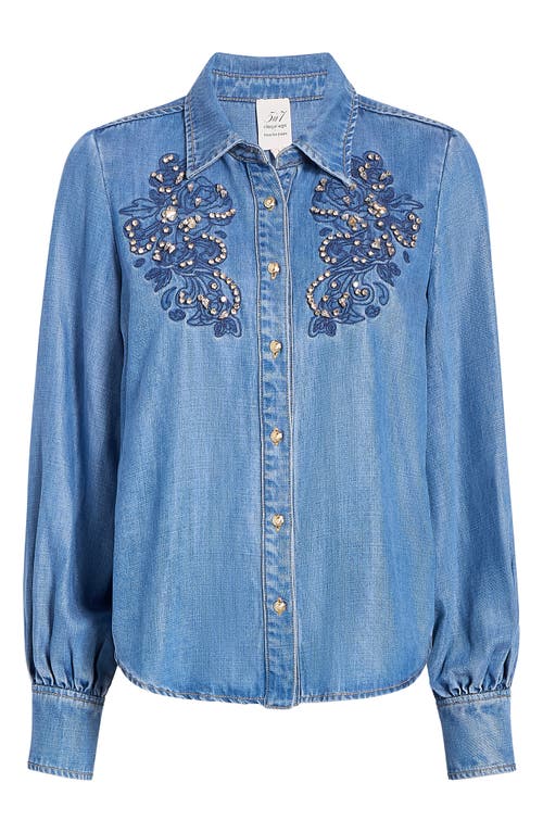 Cinq À Sept Rhinestone Embeliished Denim Button-up Shirt In Blue