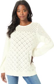 Roaman's Rhinestone Pointelle Knit Sweater