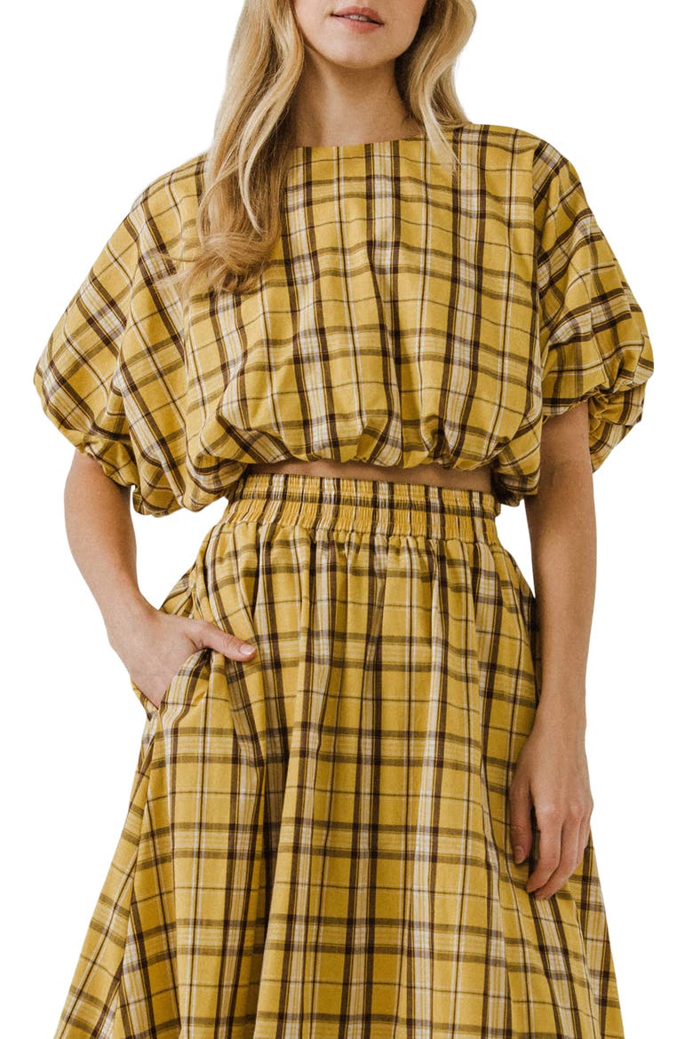 Plaid Puff Sleeve Crop Top, Main, color, YELLOW MULTI