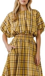 English Factory Plaid Puff Sleeve Crop Top