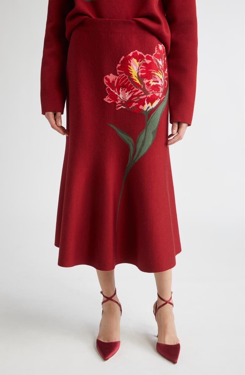 Carolina Herrera Floral Jacquard Flared Skirt, Main, color, Garnet Multi