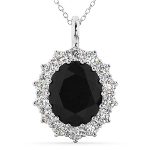Oval Black Diamond & Diamond Halo Pendant Necklace 14k