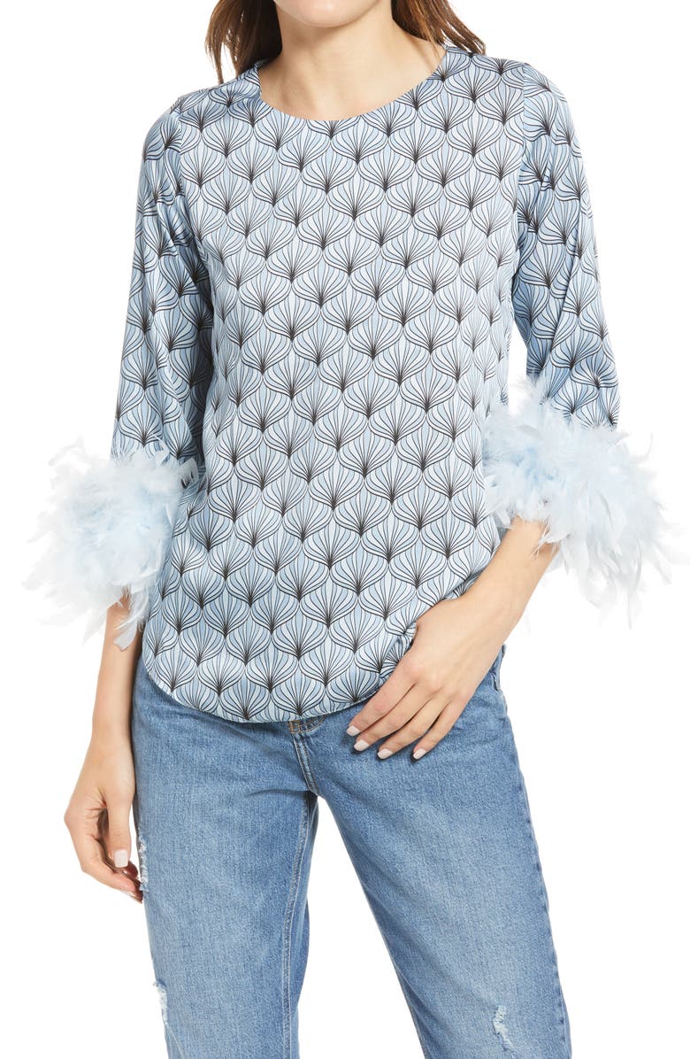 River Island Geo Print Feather Cuff Top, Main, color,