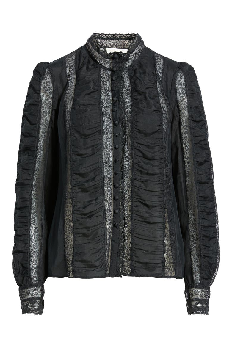 Jacque Lace Silk Paneled Button-Up Shirt, Main, color, BLACK