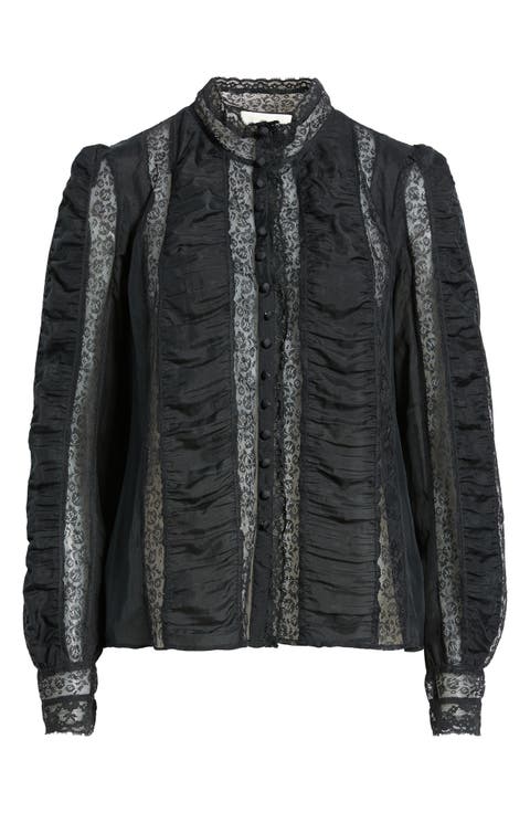 Jacque Lace Silk Paneled Button-Up Shirt
