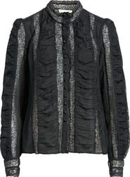 LoveShackFancy Jacque Lace Silk Paneled Button-Up Shirt