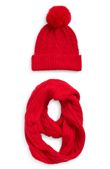 Vince Camuto Cable Stitch Scarf & Faux Fur Pompom Beanie Set In Red