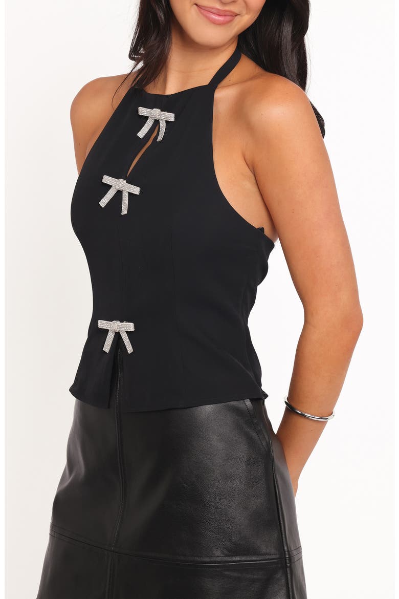 Velma Rhinestone Bow Halter Top, Alternate, color, BLACK