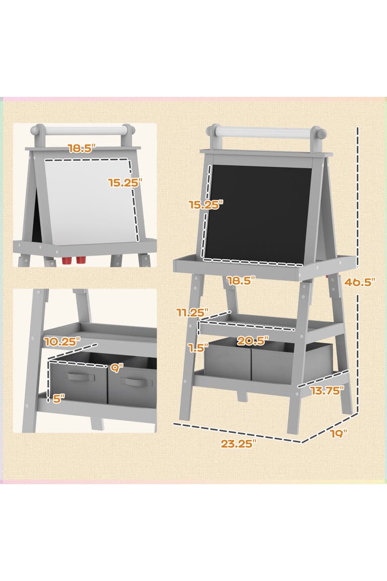 Kids Double Sided Art Easel with Paper Roll, Magnetic Boards & Storage, Alternate, color, Gray