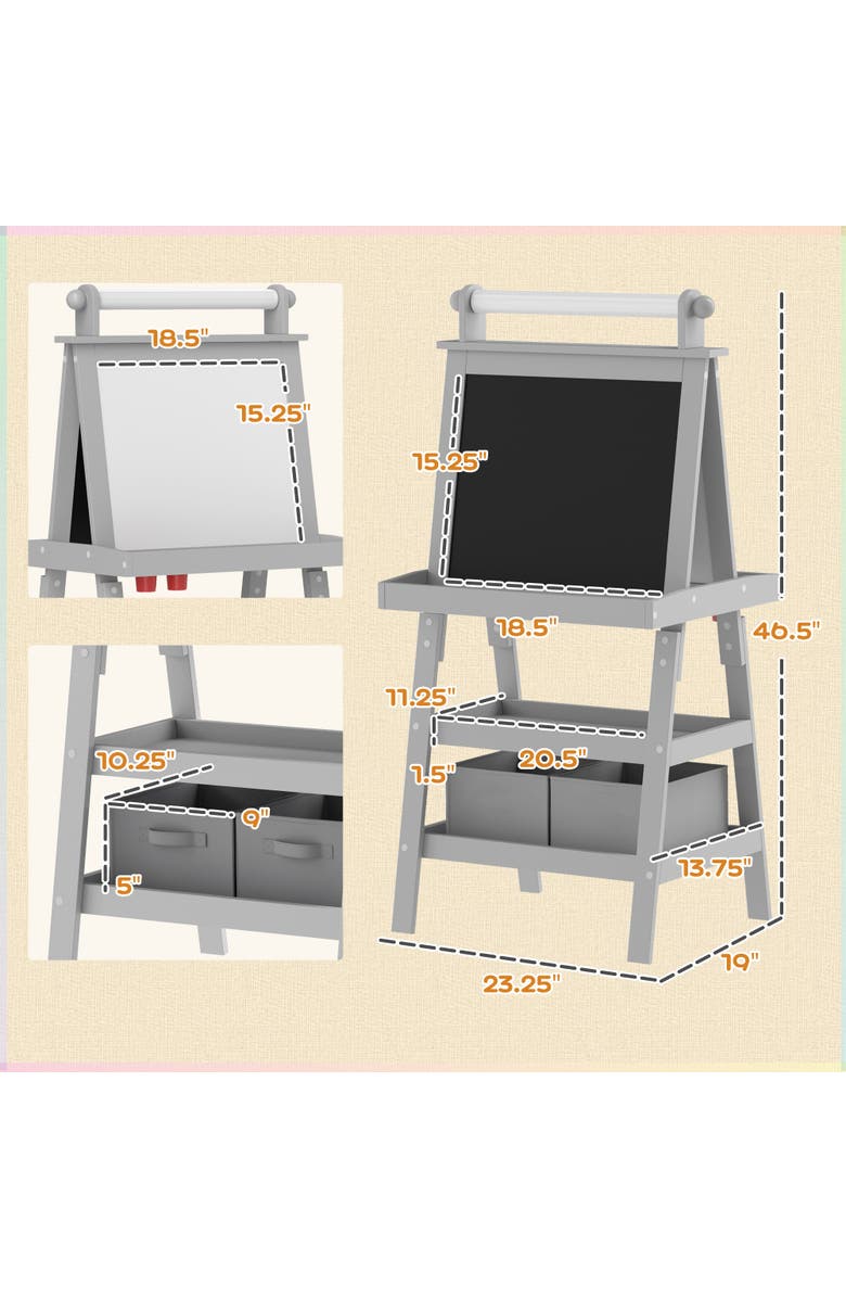 Qaba Kids Double Sided Art Easel with Paper Roll, Magnetic Boards & Storage, Alternate, color, Gray