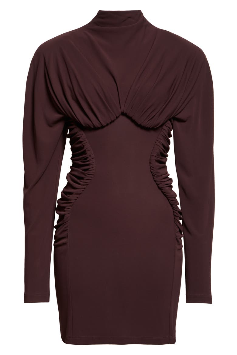 Pleated Long Sleeve Crepe Jersey Minidress, Alternate, color, CHOCOLATE