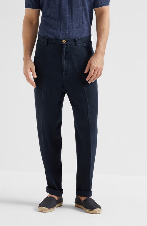 Brunello Cucinelli Men Leisure Fit Blue Comfort Linen Canvas Trousers In Navy Blue