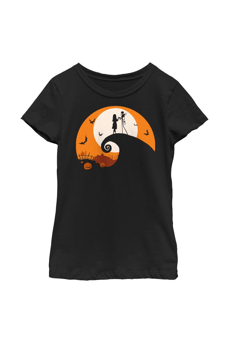 Girl's The Nightmare Before Christmas Jack and Sally on Spiral Hill T-Shirt, Main, color, Black
