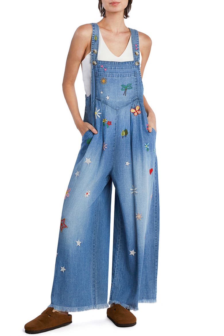 Oooh La La Embroidered Wide Leg Denim Overalls, Main, color, VINATGE DENIM