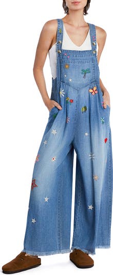 Billy T Oooh La La Embroidered Wide Leg Denim Overalls