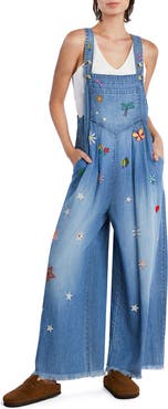Billy T Oooh La La Embroidered Wide Leg Denim Overalls