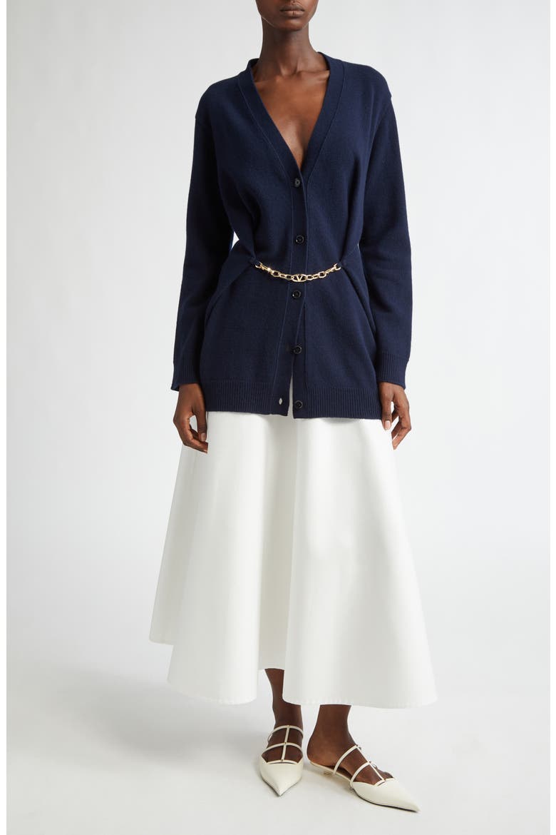 Chain Detail Virgin Wool Cardigan, Alternate, color, NAVY