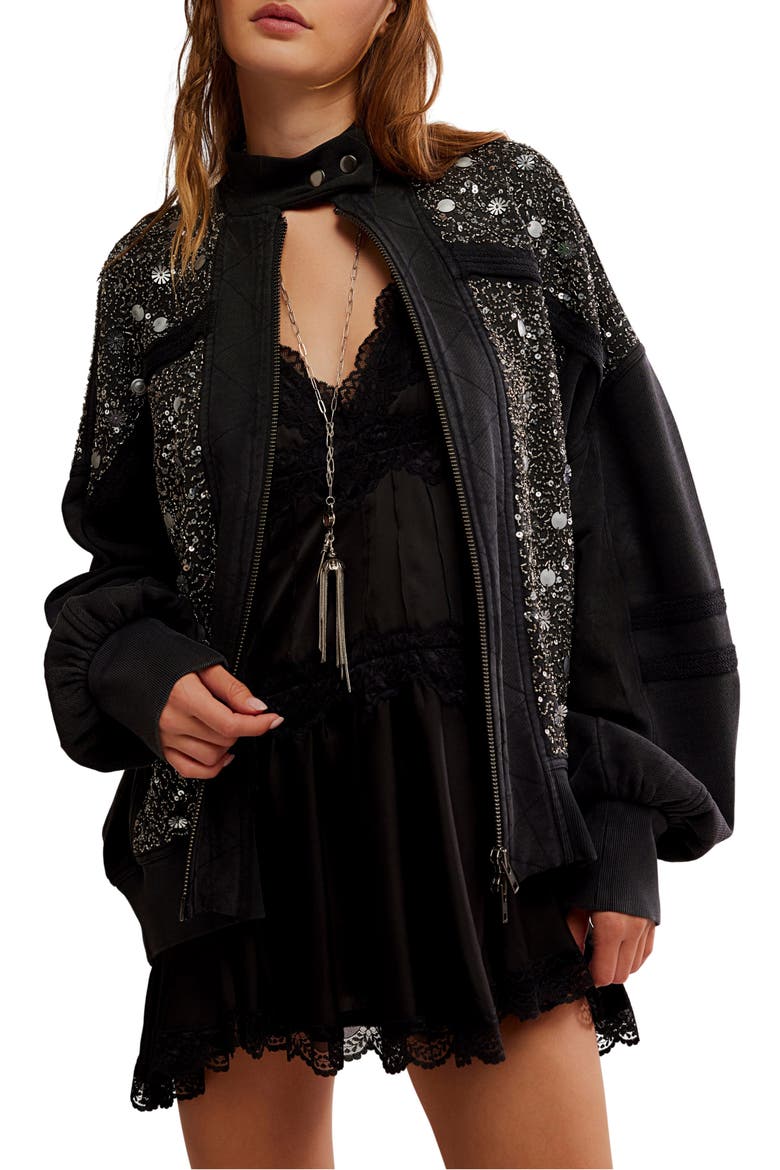 Sparkle Front Zip Sweatshirt, Main, color, BLACK COMBO