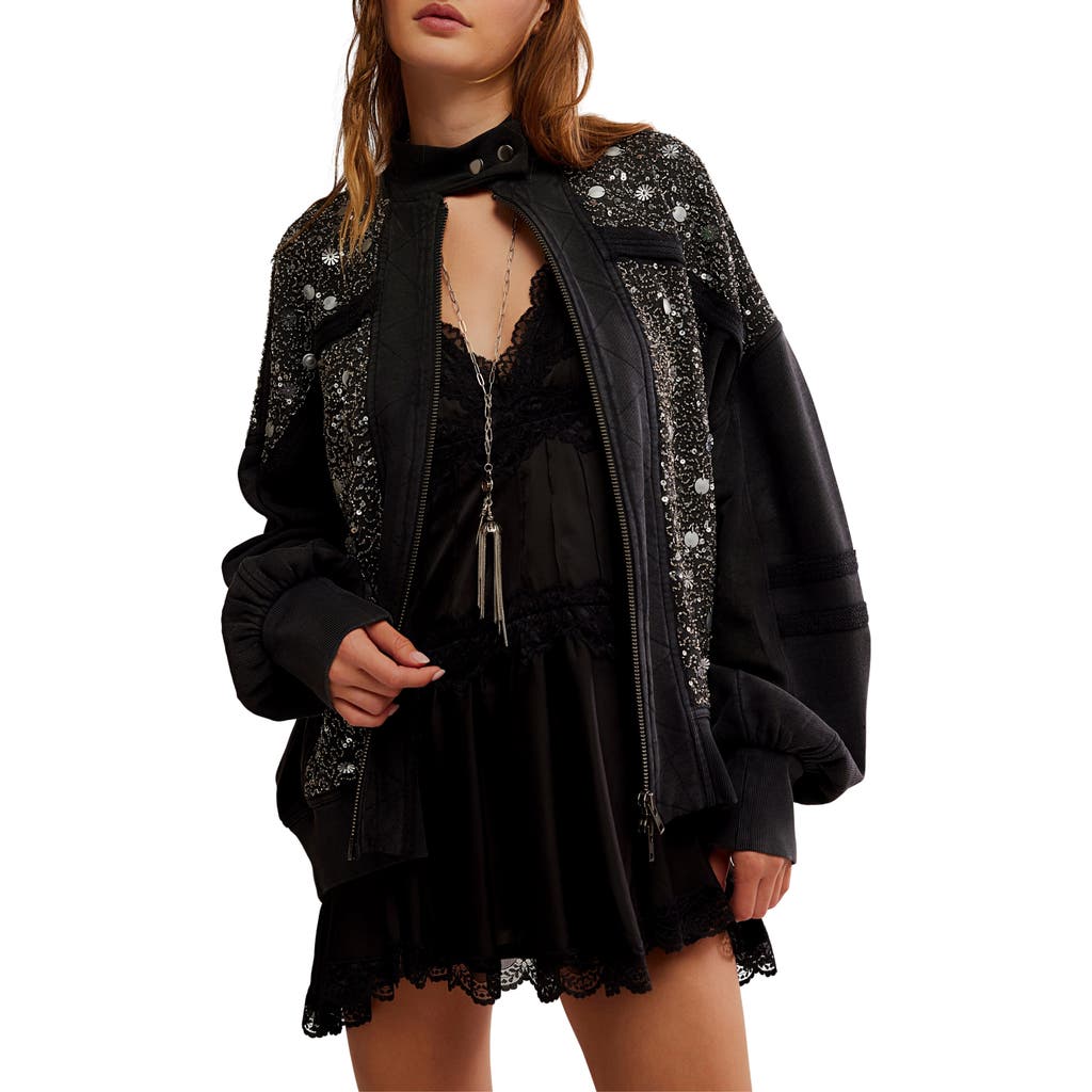 Free People Sparkle Front Zip Sweatshirt In Black