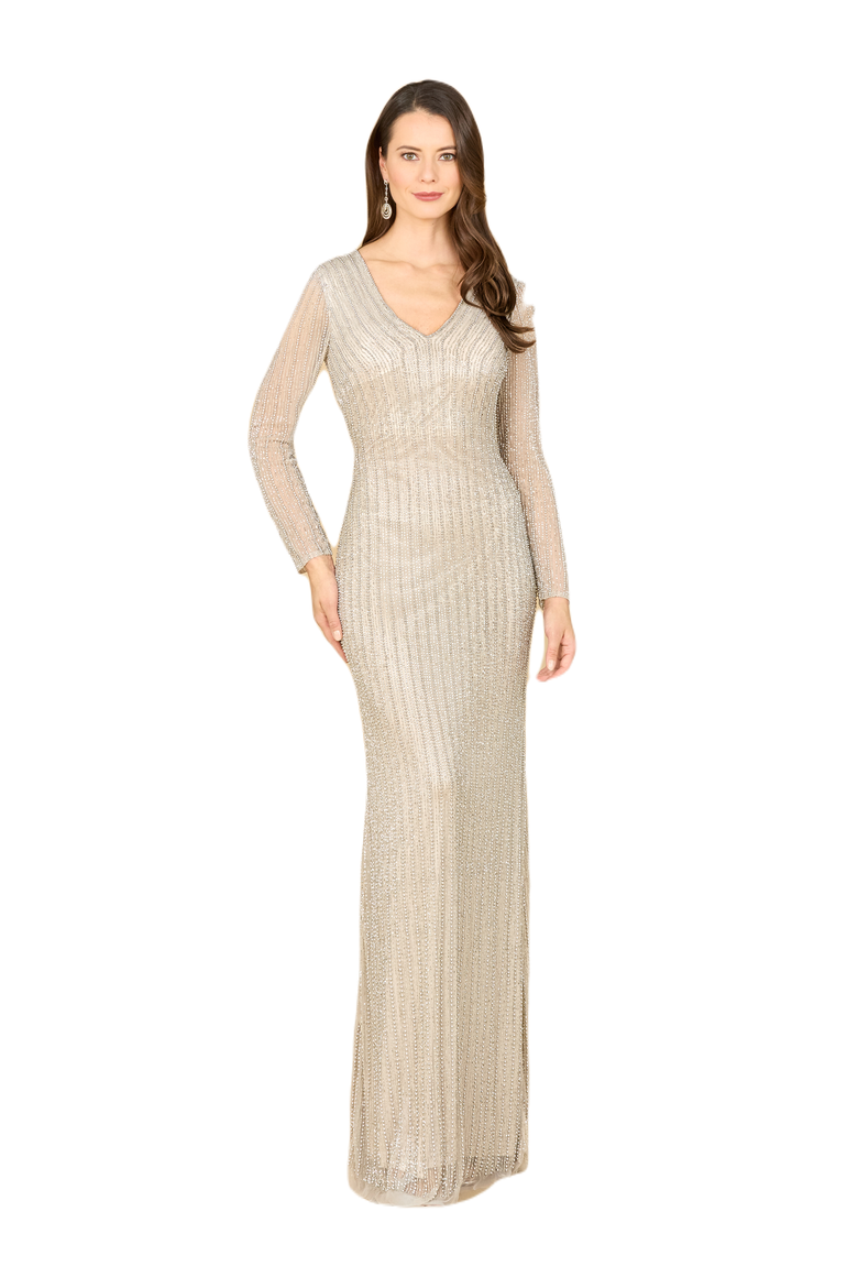 Classic V-Neck Beaded Long Sleeve Gown, Main, color, Silver