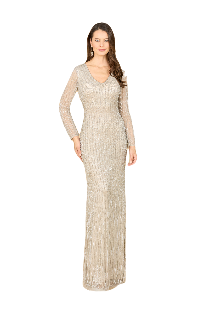 LARA New York Classic V-Neck Beaded Long Sleeve Gown, Main, color, Silver