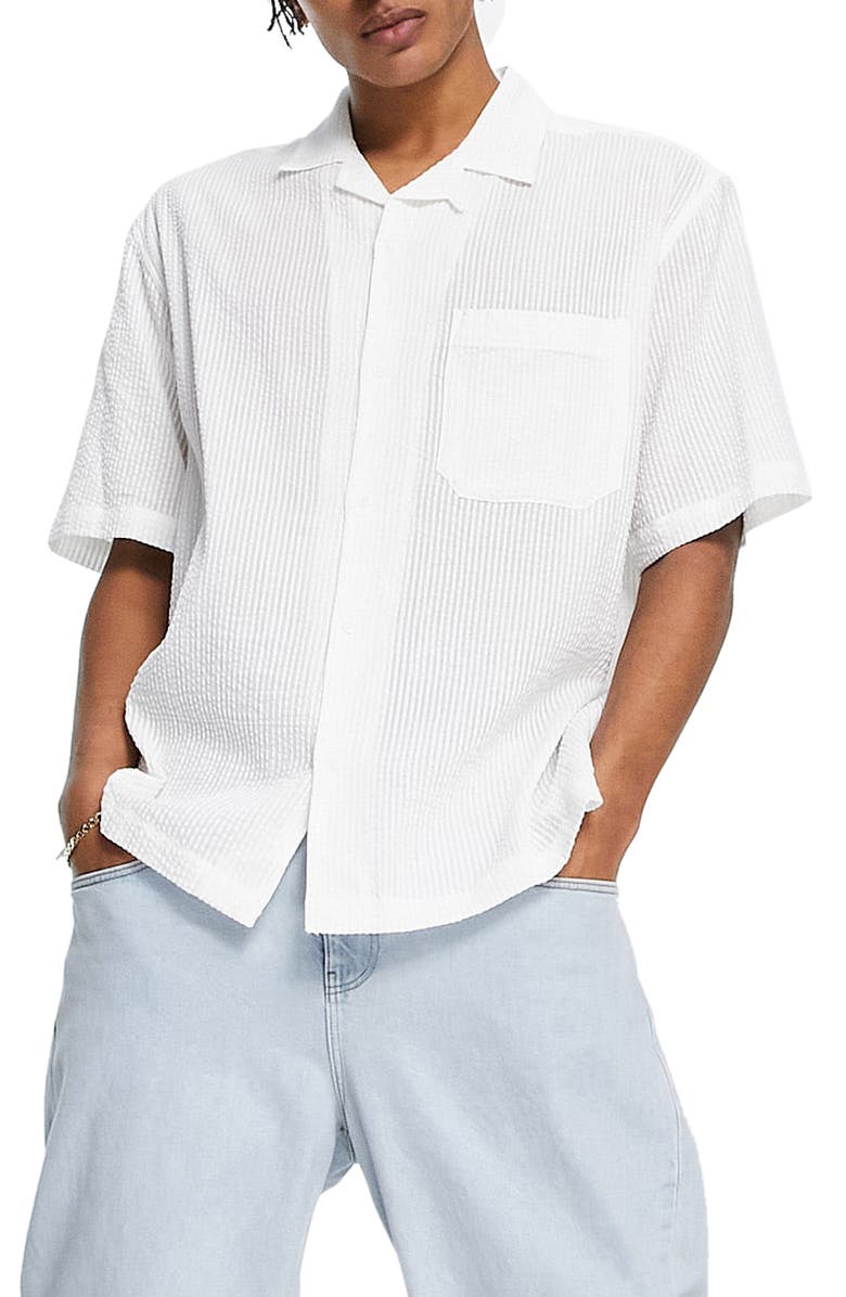 Topman Seersucker Short Sleeve Button-Up Shirt, Main, color,