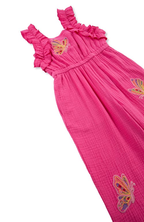 Peek Aren't You Curious Kids' Butterfly Embroidered Cotton Jumpsuit In Dark Pink