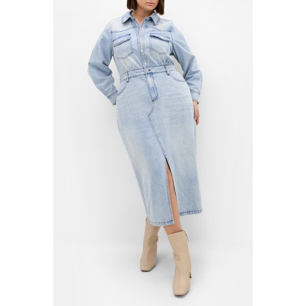City Chic Elara Denim Midi Shirt Dress In Blue