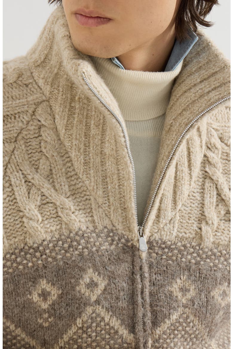 Virgin wool, silk and cashmere chiné cable knit down jacket with intarsia, Alternate, color, Sand