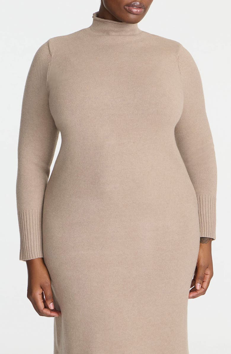 ELOQUII Mock Neck Long Sleeve Maxi Sweater Dress, Alternate, color, Taupe