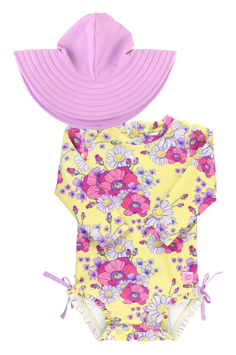 Daisy Delight One-Piece Rashguard Swimsuit & Hat Set, Main, color, PURPLE