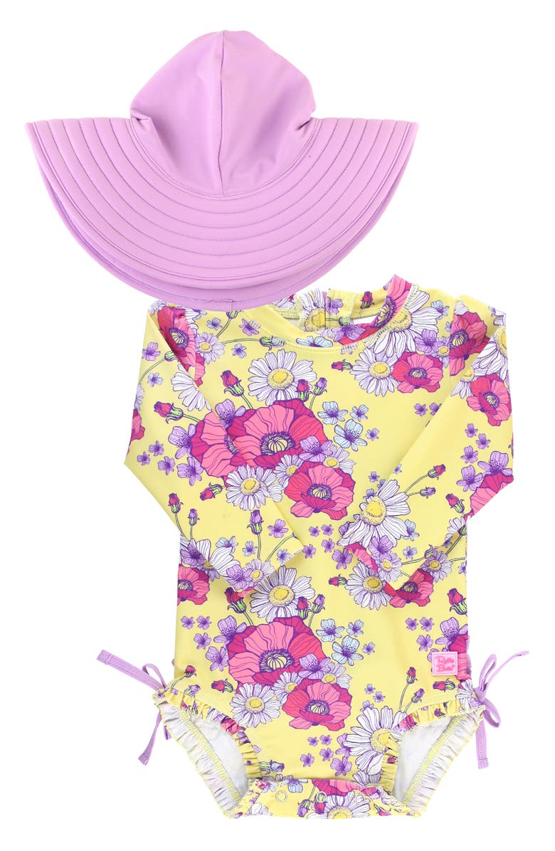 RuffleButts Daisy Delight One-Piece Rashguard Swimsuit & Hat Set, Main, color, 