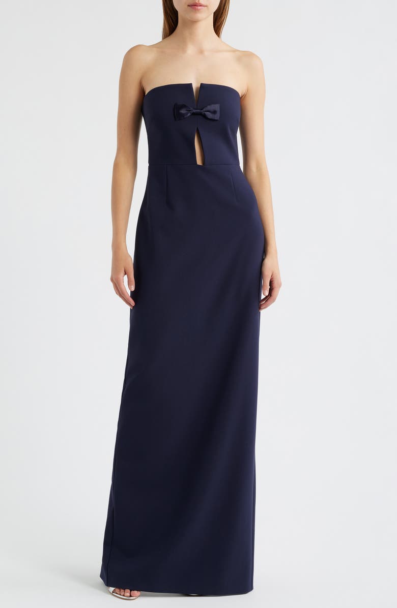 LIKELY Fallon Satin Bow Cutout Strapless Sheath Gown, Main, color, Navy