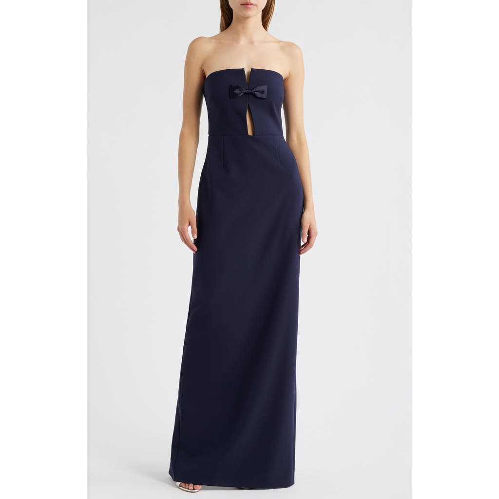Likely Fallon Satin Bow Cutout Strapless Sheath Gown In Blue