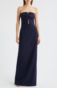 LIKELY Fallon Satin Bow Cutout Strapless Sheath Gown