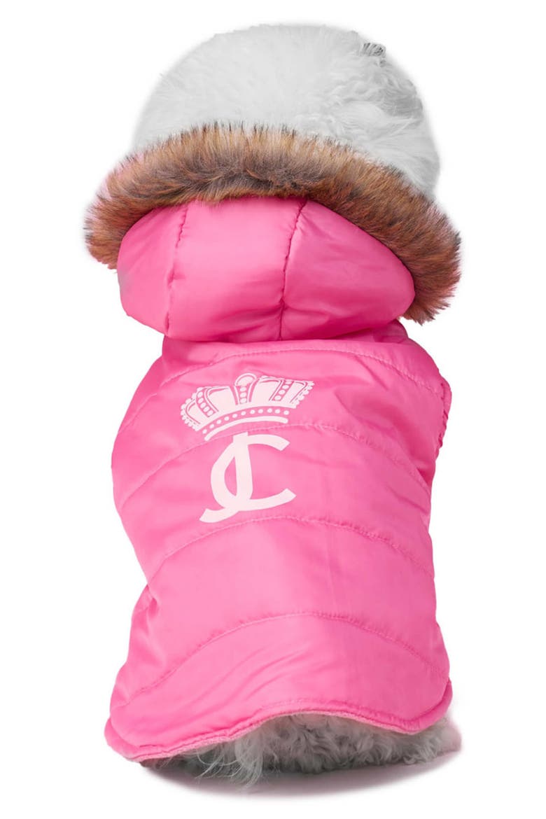 Faux Fur Hooded Pet Coat, Main, color, HOT PINK