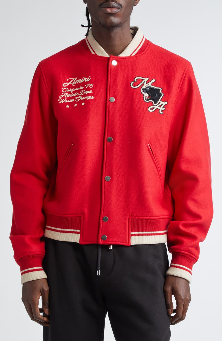AMIRI Panther Wool Blend Varsity Jacket, Main, color, Varsity Red