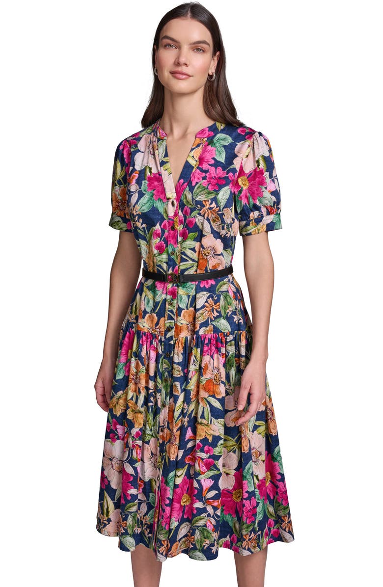 KARL LAGERFELD PARIS Floral Print Belted Tiered Midi Dress, Alternate, color, Currant/ Light Blush Multi