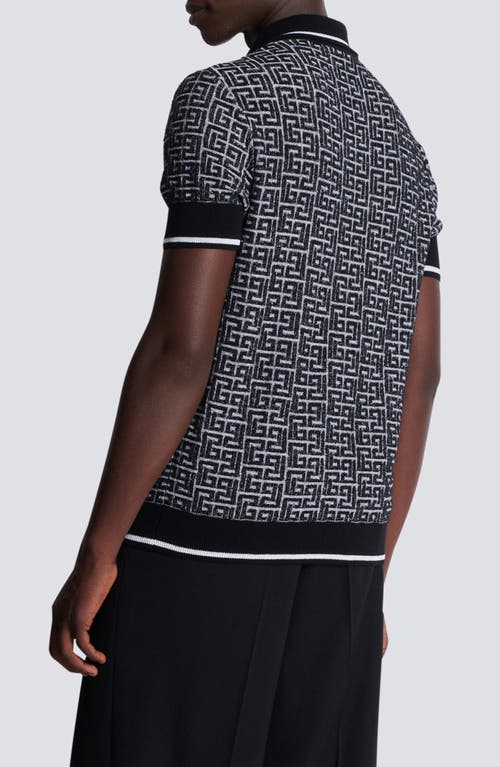 Shop Balmain Monogram Jacquard Merino Wool Polo Sweater In Gab White/black