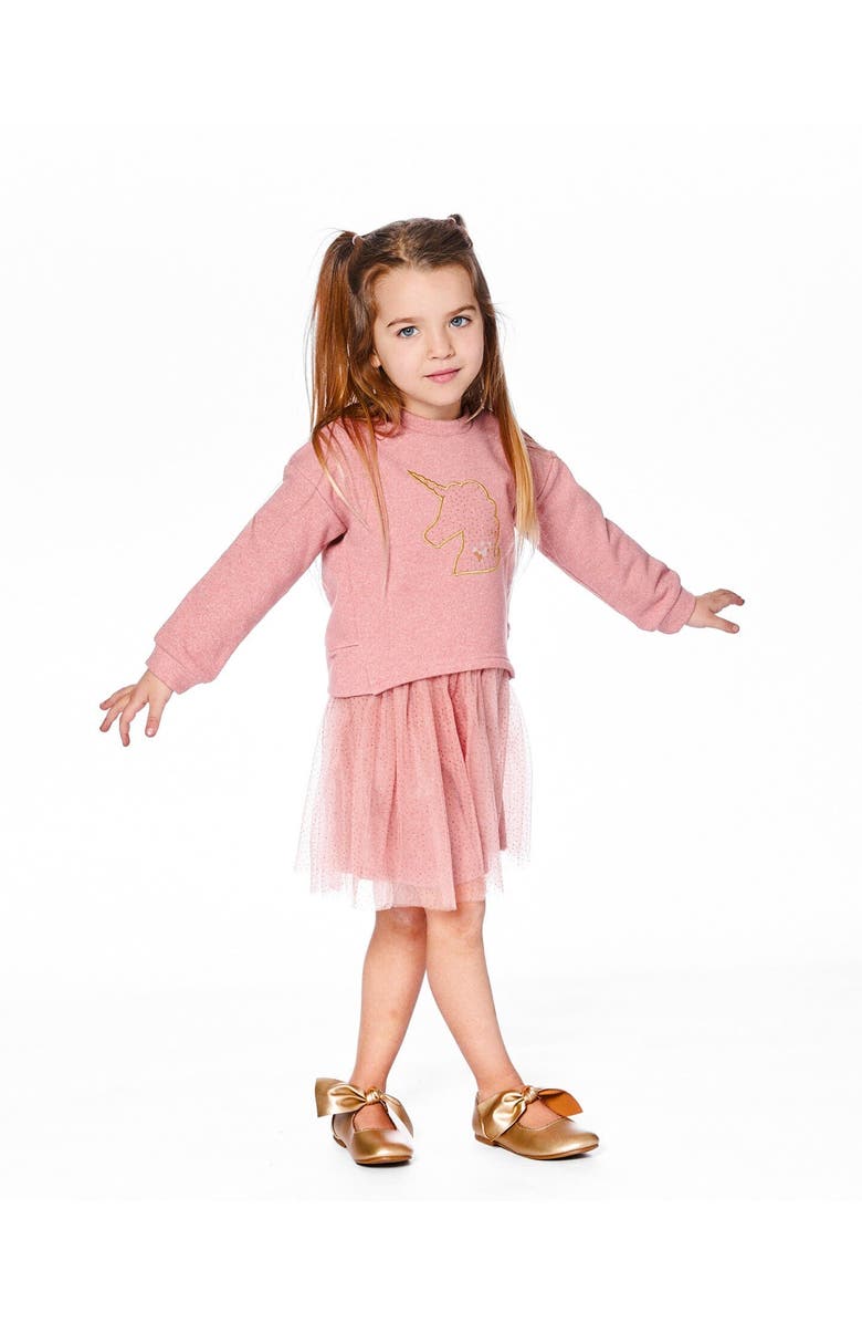 Deux par Deux Bi-Material Dress with Mesh Skirt and Unicorn, Main, color, Dusty Pink