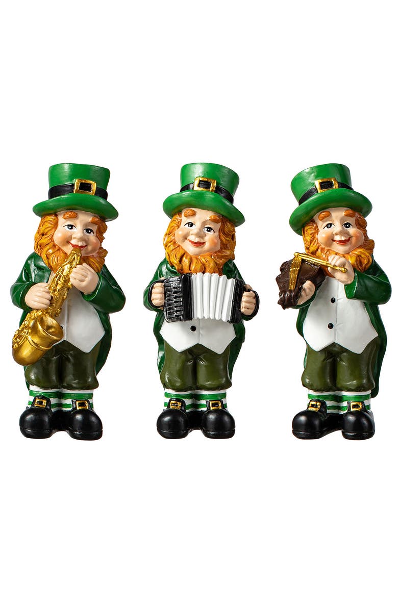 Glitzhome Set of 3 St. Patrick's Leprechaun Musicians Resin Table Decor, Main, color, 
