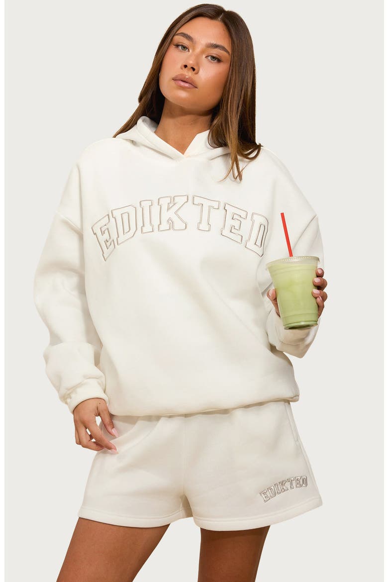'Edikted Girl Embroidered Logo Fleece Hoodie, Alternate, color, WHITE