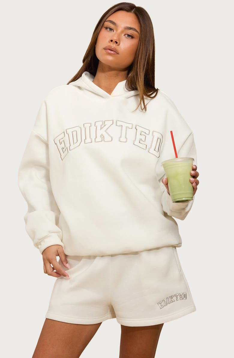 EDIKTED 'Edikted Girl Embroidered Logo Fleece Hoodie, Alternate, color, White
