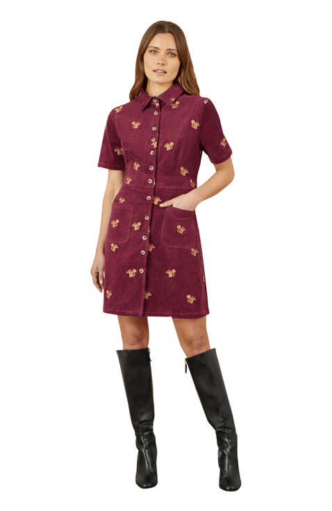 Fox Embroidered Cord Shirt Dress