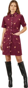 Yumi Fox Embroidered Cord Shirt Dress