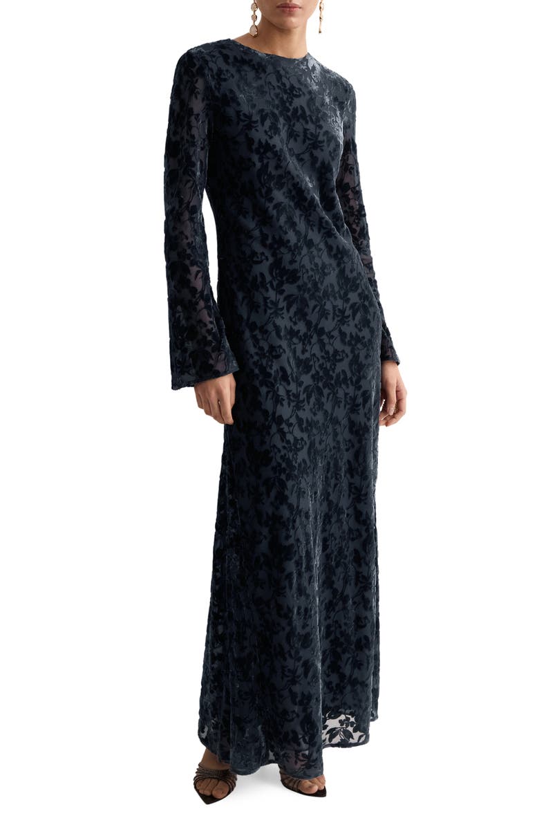 MANGO Devor Burnout Long Sleeve Maxi Dress, Main, color, Night Blue