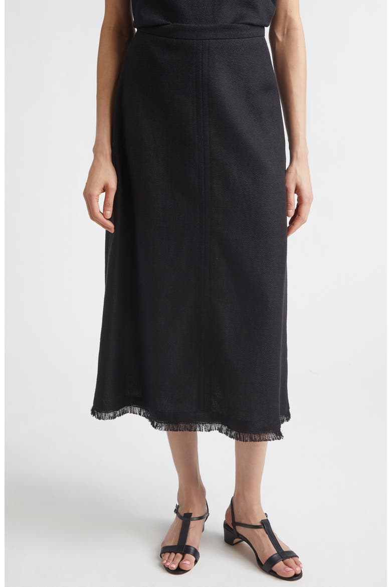 Fringe Stretch Linen & Cotton Basket Weave A-Line Skirt, Main, color, BLACK