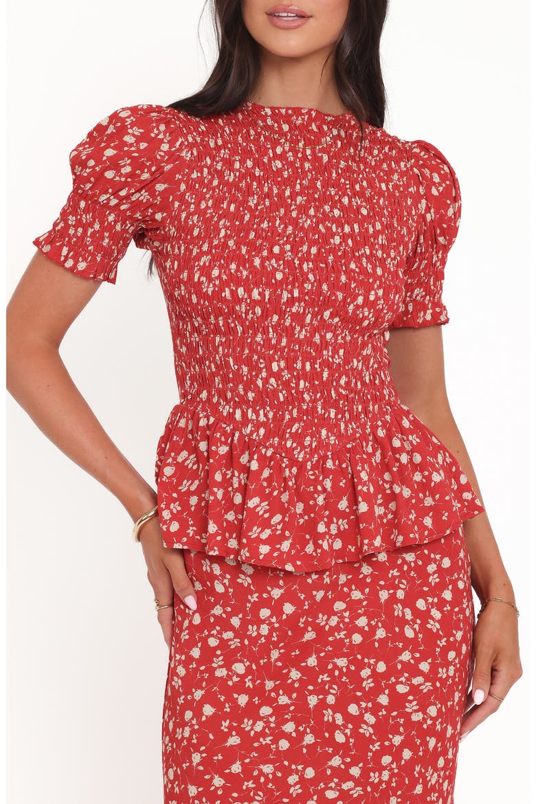 Zoella Floral Smocked Peplum Top, Main, color, RED FLORAL